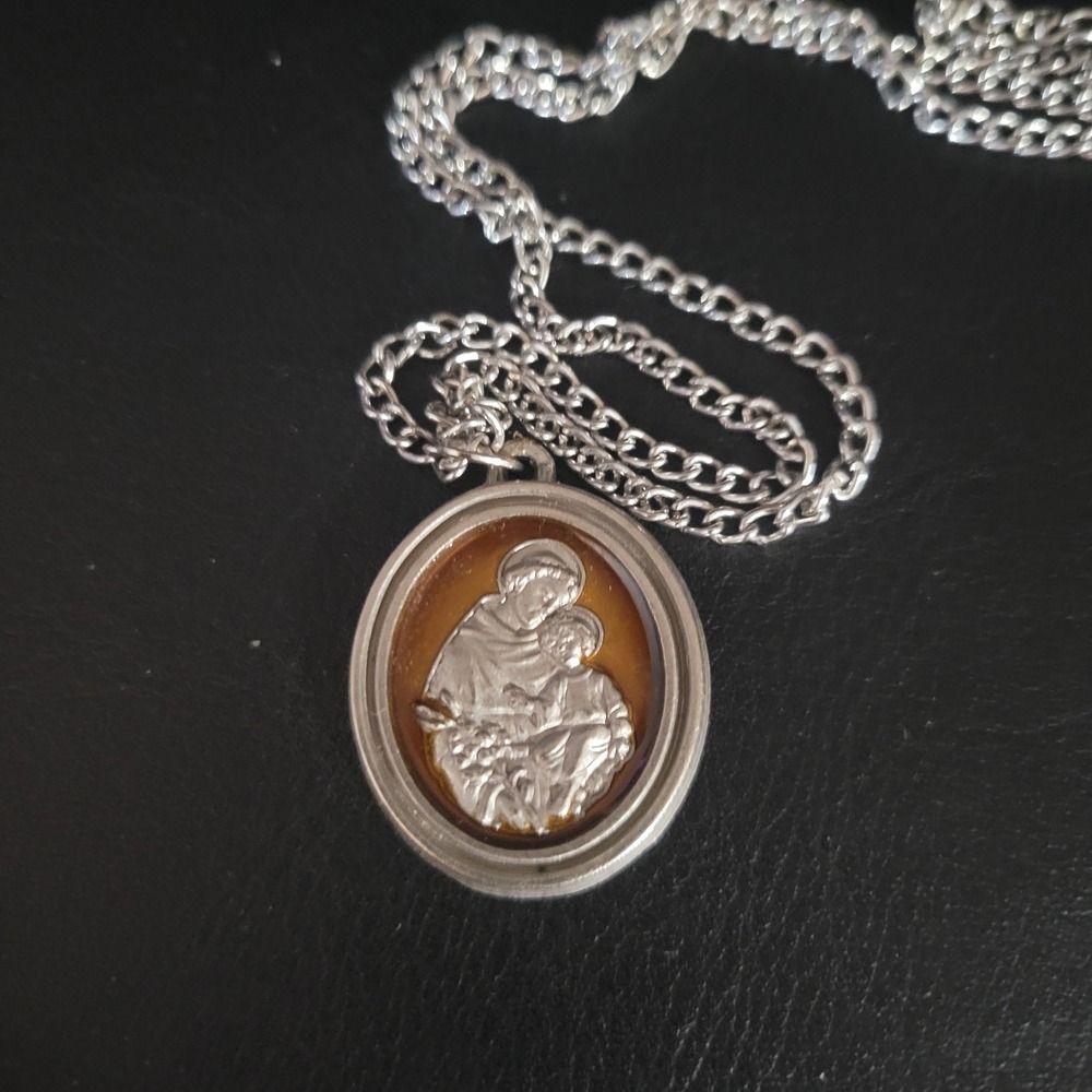 Vintage St Anthony Pray For Us Medal Pendant Necklace Silver Tone 18 In Goth 90s